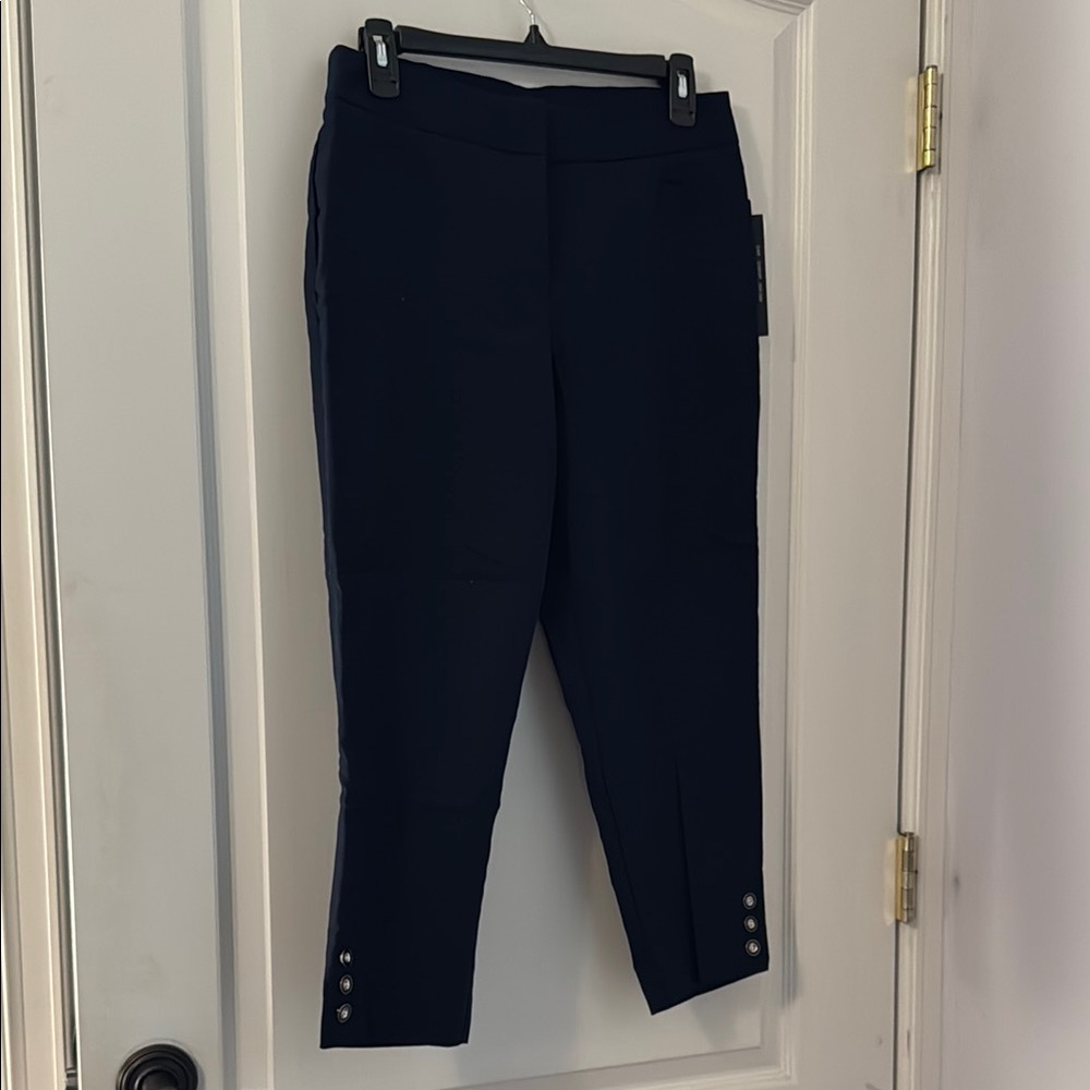 Navy Ankle-Length Pants with Button Detail
